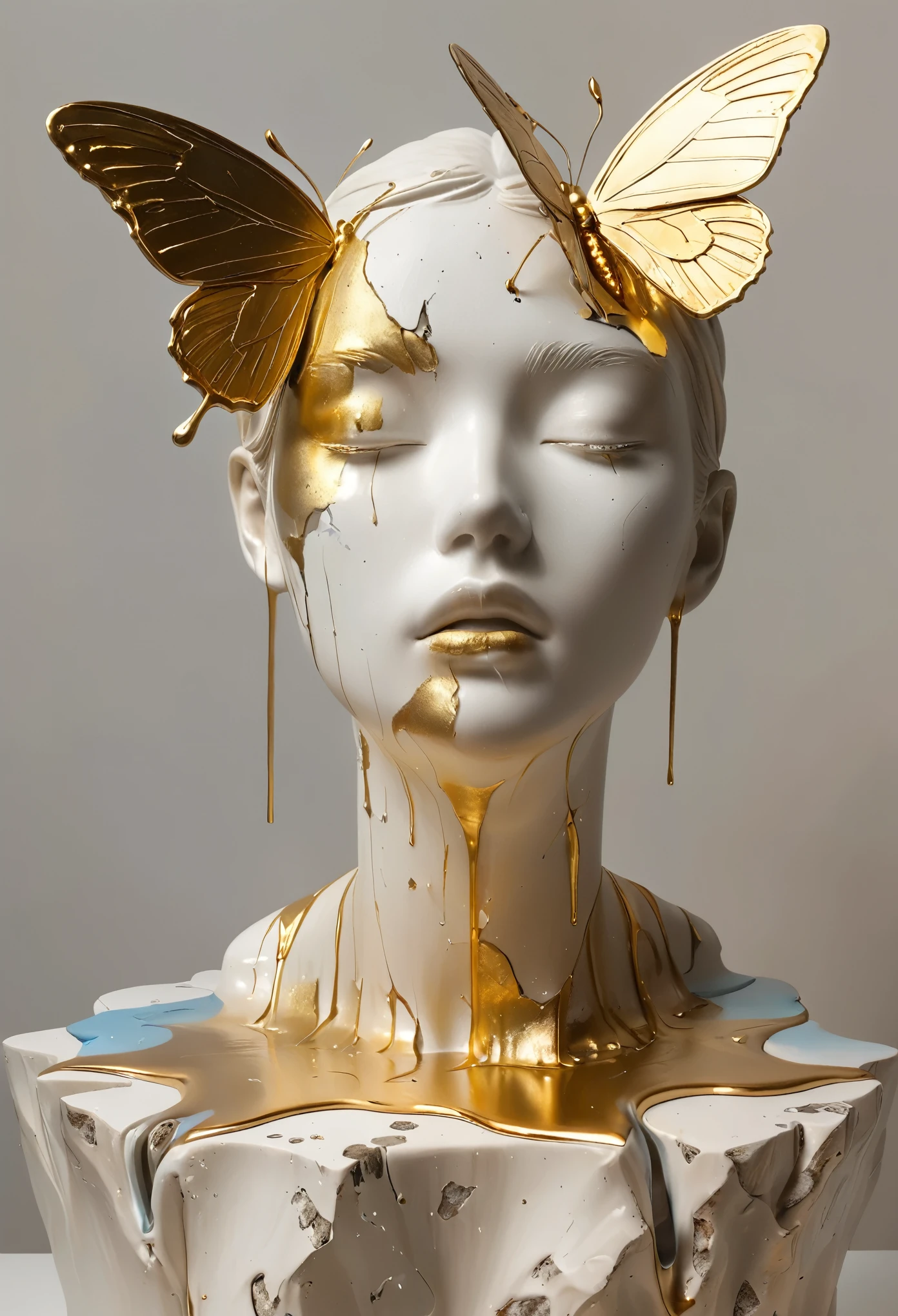 ((display，Still life table，Artistic statues，3D Sculpture，ceramics，Surface cracks，Shattered Texture)), Showing the beauty of nature.gold，Golden powder， To emphasize its artistic quality.
