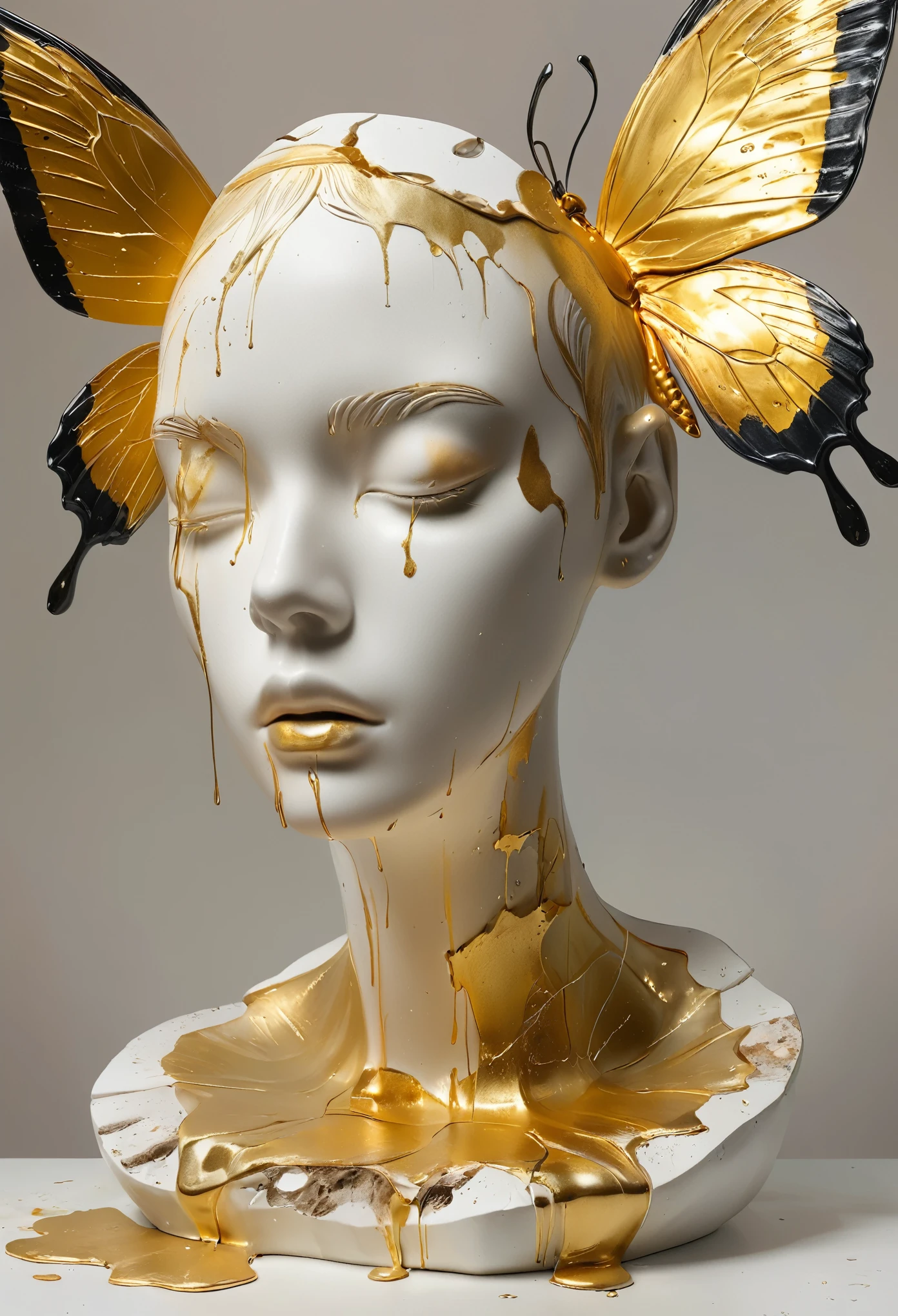 ((display,Still life table,Artistic statues,3D Sculpture,ceramics,Surface cracks,Shattered Texture)), Showing the beauty of nature.gold,Golden powder, To emphasize its artistic quality.