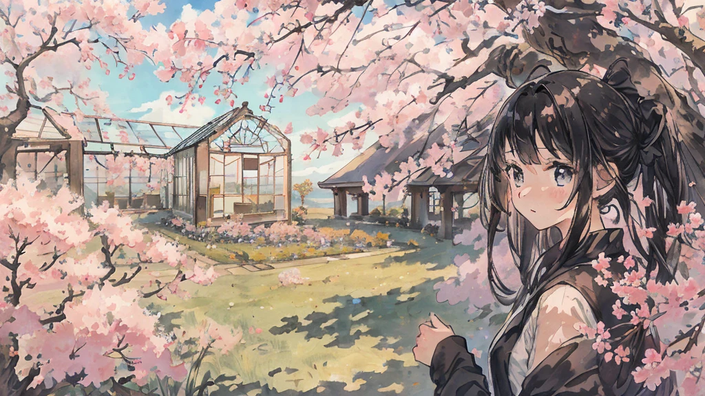 highest quality, masterpiece, very detailed, detailed background, anime, girl1, Young girl, girl, SF, cherry blossoms, outdoor, morning, greenhouse, giant structure, Wind view, scenery, horizon, look up at the sky, Wind, avert your eyes, atmosphere lighting, focus only, close, From the side, Depth of written boundary,black hair,detailed face