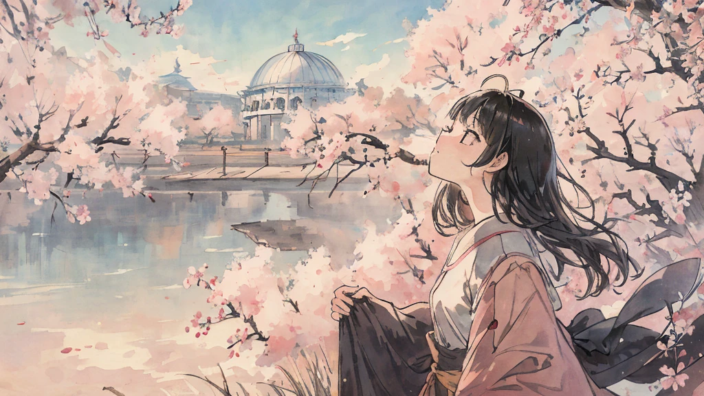 highest quality, masterpiece, very detailed, detailed background, anime, girl1, Young girl, girl, SF, cherry blossoms, outdoor, morning, greenhouse, giant structure, Wind view, scenery, horizon, look up at the sky, Wind, avert your eyes, atmosphere lighting, focus only, close, From the side, Depth of written boundary,black hair,detailed face