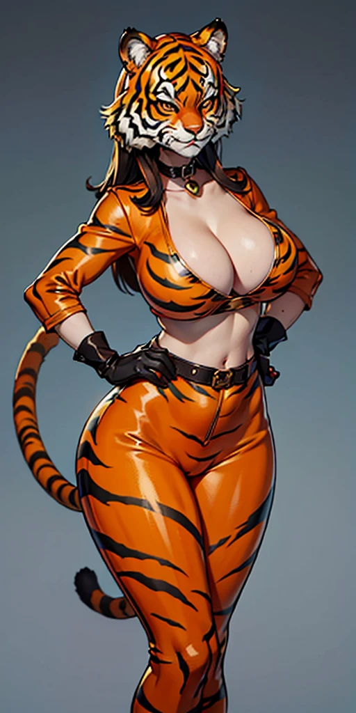 (Masterpiece, plain background) 1solo Roxanne tiger print mask, animal tiger outfit, leather collar choker neck bell, cleavage, large breasts, looking at viewer, navel, neck bell 🔔 (paw gloves like hands= paws on hands, paws on hips, tiger tail, tiger fluffy ears)