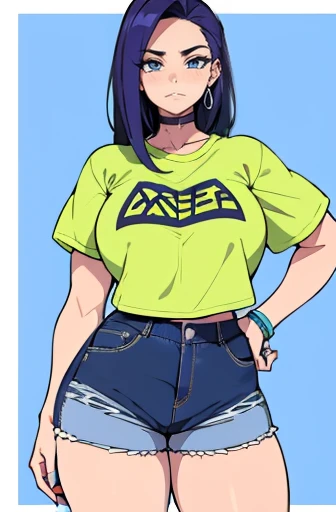 sad pale muscular girl massive breasts hair black hair yellow eyes extremely long hair sad neon clothes