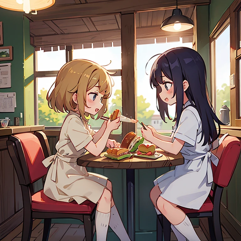 Girls making sandwiches in a cafe