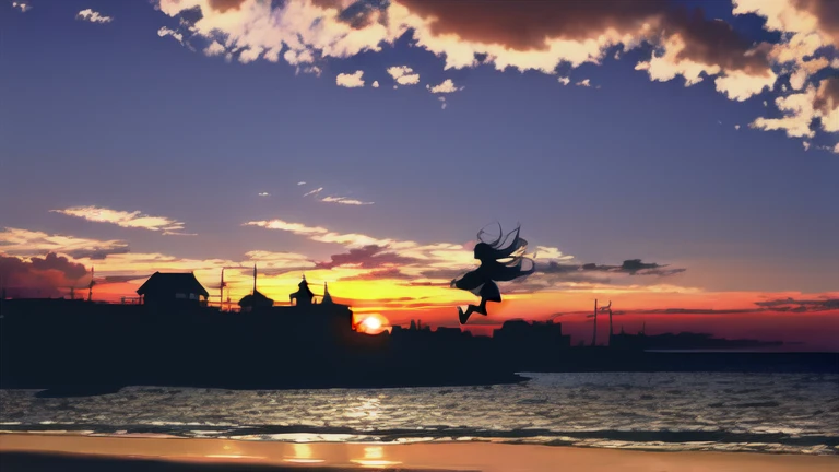 The light of the setting sun reflects fantastically from the seaside and scatters、Flying lights,Silhouette of a girl walking, ((Long Shadows))