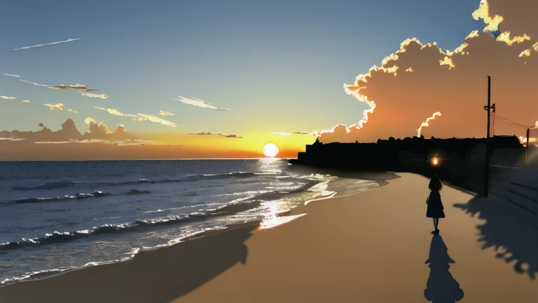 The light of the setting sun reflects fantastically from the seaside and scatters、Flying lights,Silhouette of a girl walking, ((Long Shadows))