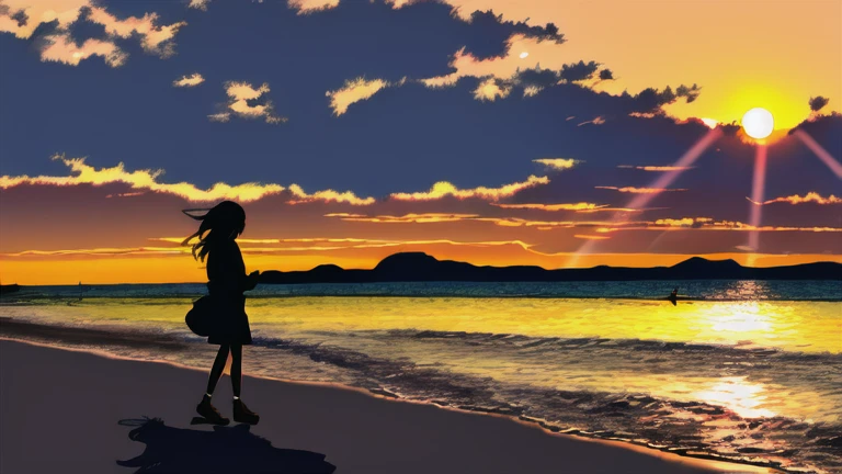 The light of the setting sun reflects fantastically from the seaside and scatters、Flying lights,Silhouette of a girl walking, ((Long Shadows))