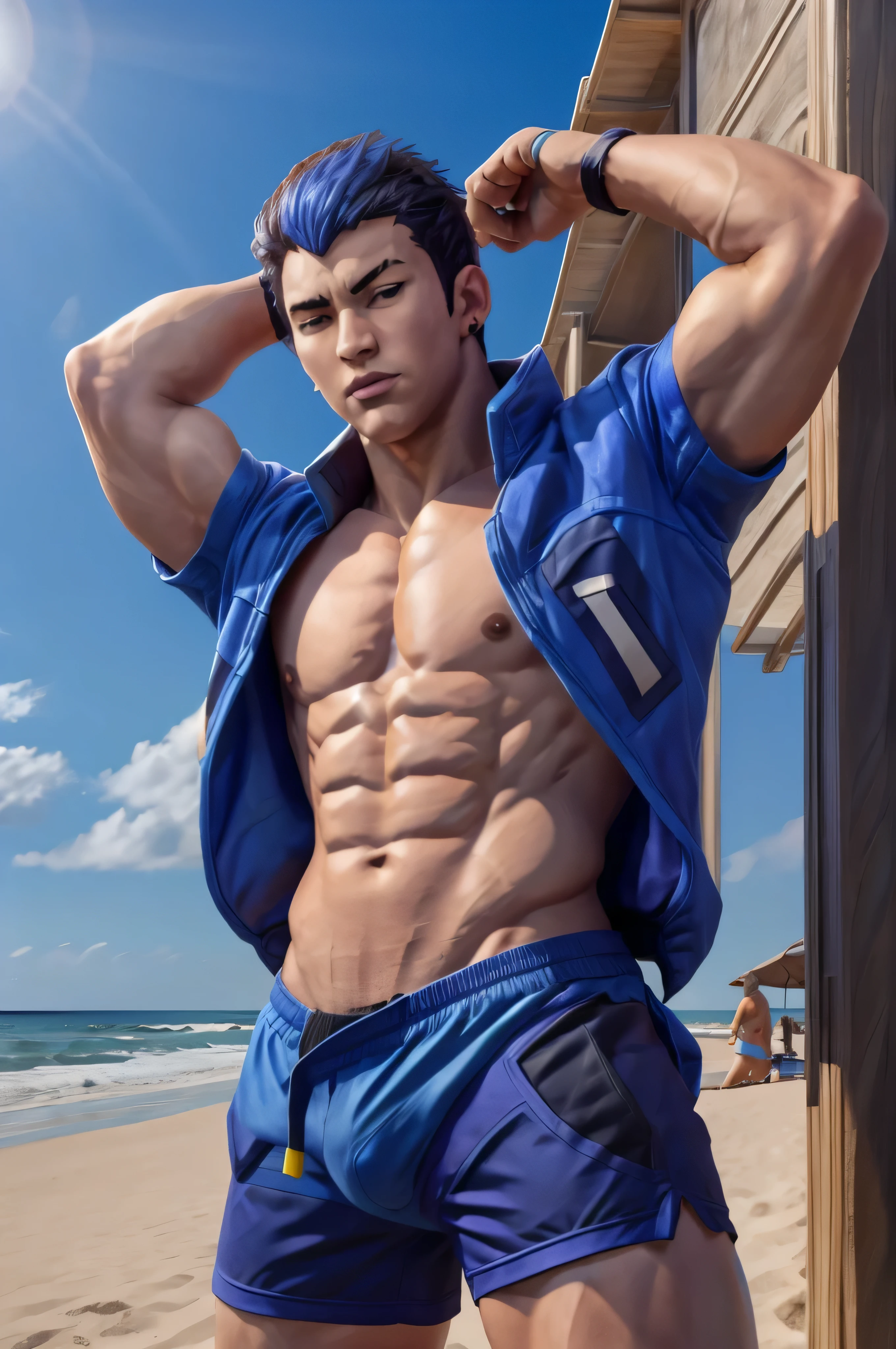 yoru valorant, average body, toned body,
shirtless, fully shirtless, topless, jacket, wearing jacket, jacket top,
armpit SLIGHTLY exposed, slight armpit reveal, armpit exposed slightly,
thick armpit hair, armpit hair, bushy armpit,
blue beach shorts, beach shorts in blue, blue cotton shorts, blue fabric shorts, blue bottom half, BLUE SHORTS,
bulge,
detailed eyes, beach sea background, standing in sand,
camera below, pov from below