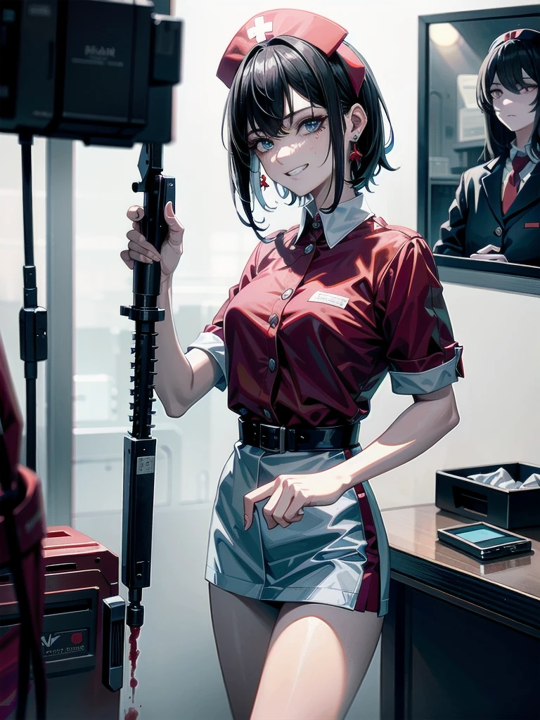 blood, blood splatter, blood on clothes, blood stain, hospital, ((nurse uniform)), holding Chainsaw machine, absurdres, RAW photo, extremely delicate and beautiful, masterpiece, Best Quality, ultra high resolution, 32k, hyperrealistic, ultra-detailed, detailed description, pale skin, 20 years old, tearful mole, earring, Colossal tits, short medium hair, wavy hair, evil grin, full body shot,
