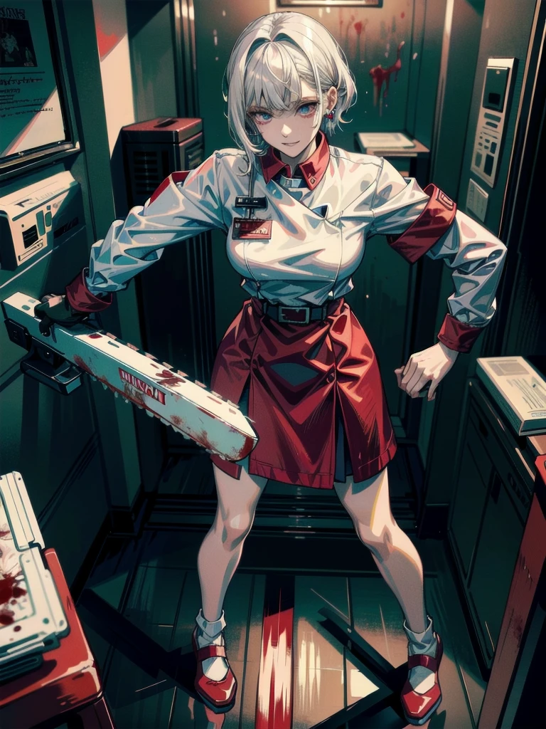 blood, blood splatter, blood on clothes, blood stain, hospital, ((nurse uniform)), holding Chainsaw machine, absurdres, RAW photo, extremely delicate and beautiful, masterpiece, Best Quality, ultra high resolution, 32k, hyperrealistic, ultra-detailed, detailed description, pale skin, 20 years old, tearful mole, earring, Colossal tits, short medium hair, wavy hair, evil grin, full body shot,