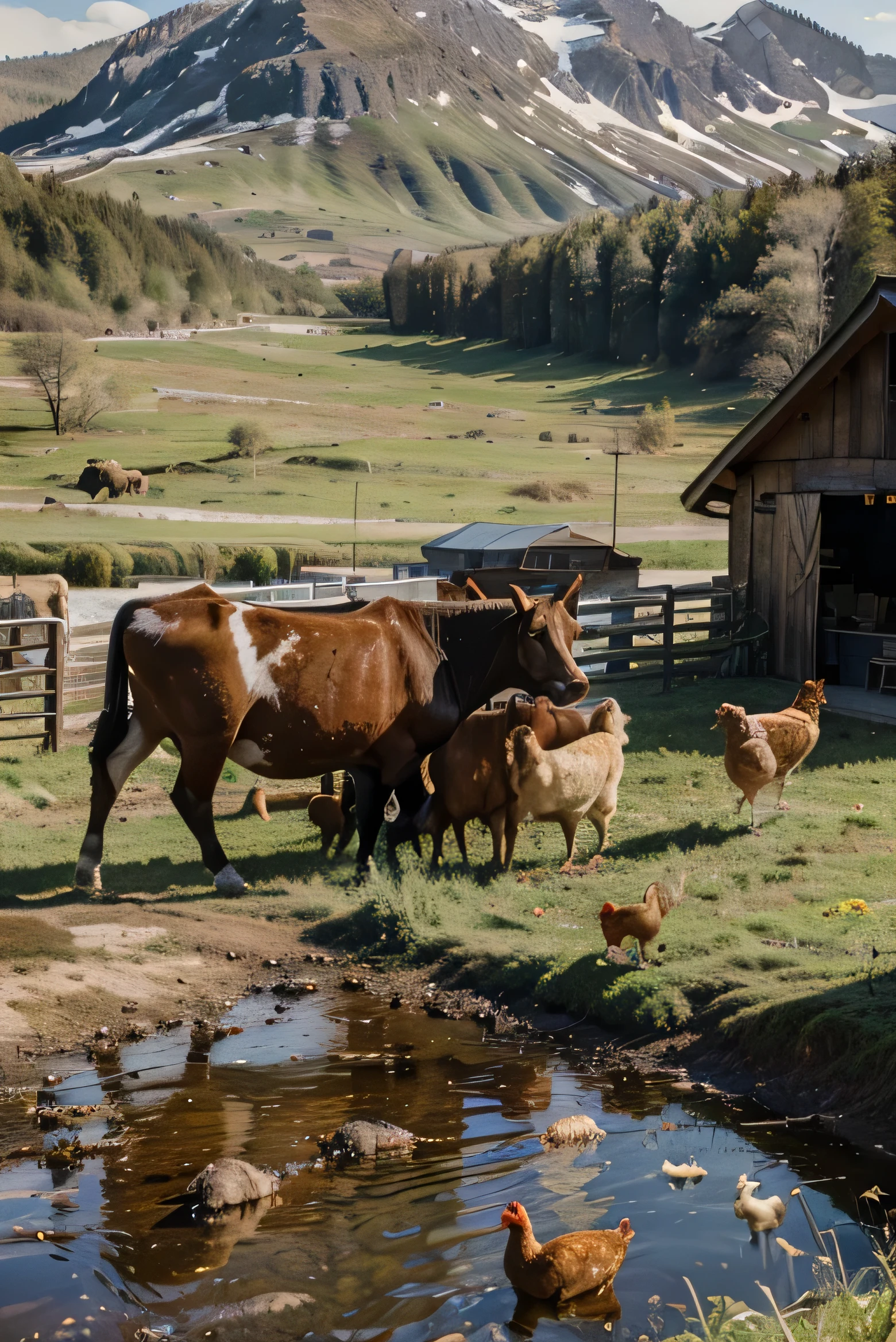 (best quality,4k,highres,masterpiece:1.2),realistic,landscape,natural lighting,portrait,animals,cow,chickens,manure,traditional painting style,vibrant colors,rich textures,scenic view,serene atmosphere
