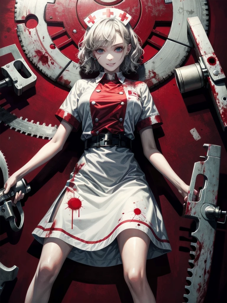 blood, blood splatter, blood on clothes, blood stain, hospital, ((nurse uniform)), holding Chainsaw machine, absurdres, RAW photo, extremely delicate and beautiful, masterpiece, Best Quality, ultra high resolution, 32k, hyperrealistic, ultra-detailed, detailed description, pale skin, 20 years old, tearful mole, earring, Colossal tits, short medium hair, wavy hair, evil grin, full body shot,