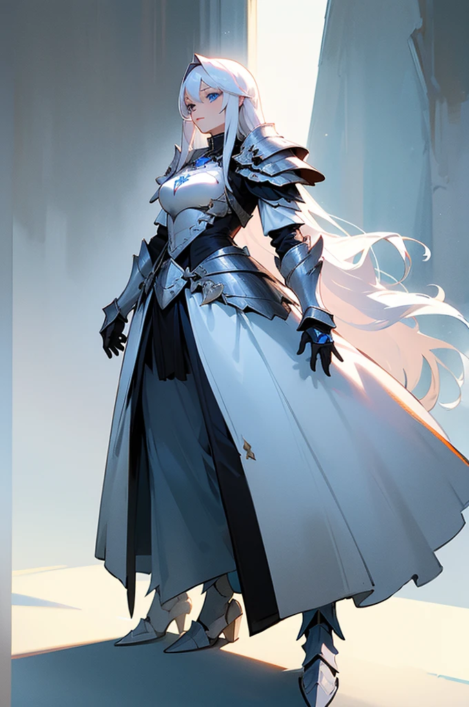 ((best quality)), ((masterpiece)), (detailed), perfect face, woman with long white hair, White Knight Armour, blue eyes, Full body