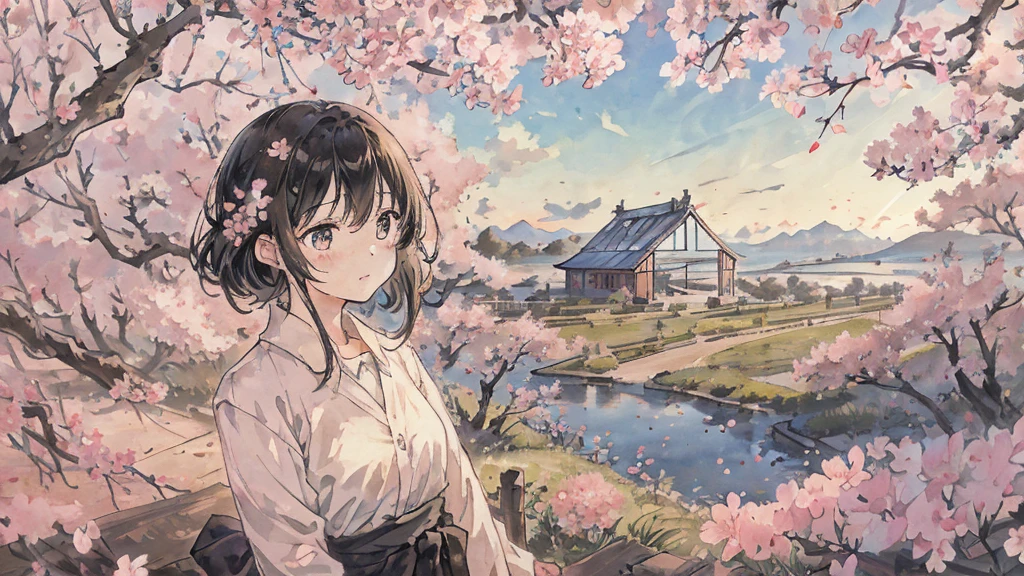 highest quality, masterpiece, very detailed, detailed background, anime, girl1, Young girl, girl, SF, cherry blossoms, outdoor, morning, greenhouse, giant structure, Wind view, scenery, horizon, look up at the sky, Wind, avert your eyes, atmosphere lighting, focus only, close, From the side, Depth of written boundary,black hair,detailed face