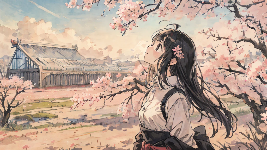 highest quality, masterpiece, very detailed, detailed background, anime, girl1, Young girl, girl, SF, cherry blossoms, outdoor, morning, greenhouse, giant structure, Wind view, scenery, horizon, look up at the sky, Wind, avert your eyes, atmosphere lighting, focus only, close, From the side, Depth of written boundary,black hair,detailed face