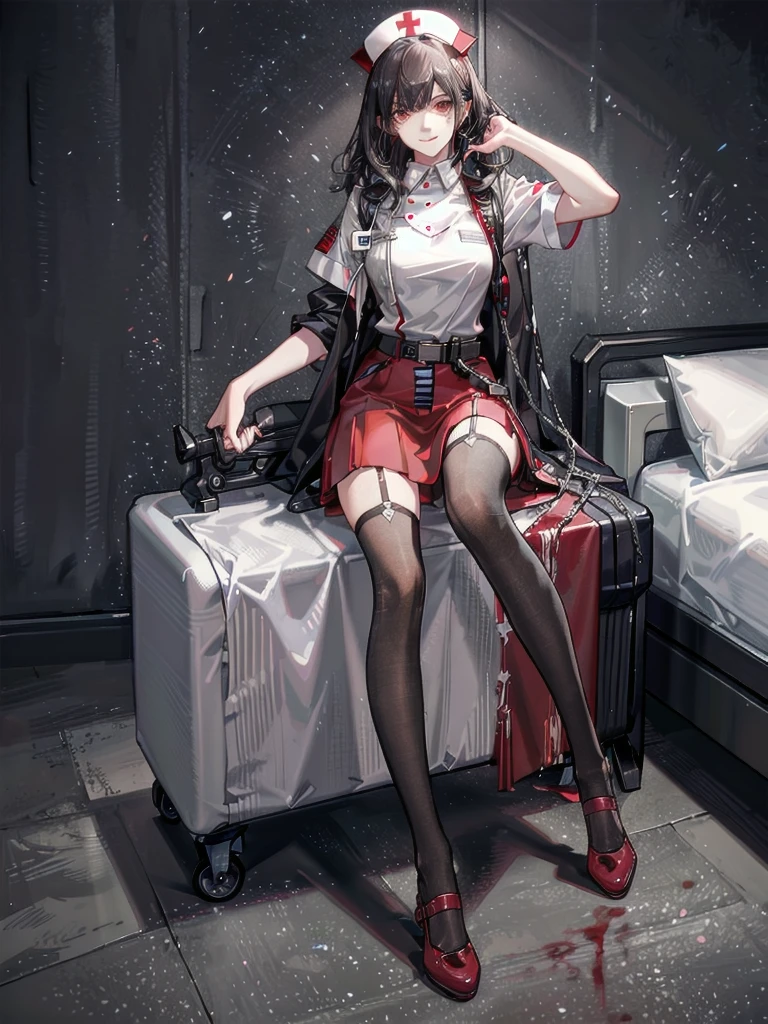 blood, blood splatter, blood on clothes, blood stain, hospital, ((nurse uniform)), holding Chainsaw machine, absurdres, RAW photo, extremely delicate and beautiful, masterpiece, Best Quality, ultra high resolution, 32k, hyperrealistic, ultra-detailed, detailed description, pale skin, 20 years old, tearful mole, earring, Colossal tits, short medium hair, wavy hair, evil grin, full body shot,