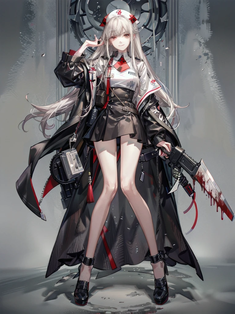 blood, blood splatter, blood on clothes, blood stain, hospital, ((nurse uniform)), holding Chainsaw machine, absurdres, RAW photo, extremely delicate and beautiful, masterpiece, Best Quality, ultra high resolution, 32k, hyperrealistic, ultra-detailed, detailed description, pale skin, 20 years old, tearful mole, earring, Colossal tits, short medium hair, wavy hair, evil grin, full body shot,