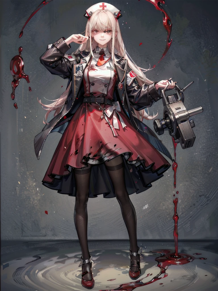 blood, blood splatter, blood on clothes, blood stain, hospital, ((nurse uniform)), holding Chainsaw machine, absurdres, RAW photo, extremely delicate and beautiful, masterpiece, Best Quality, ultra high resolution, 32k, hyperrealistic, ultra-detailed, detailed description, pale skin, 20 years old, tearful mole, earring, Colossal tits, short medium hair, wavy hair, evil grin, full body shot,
