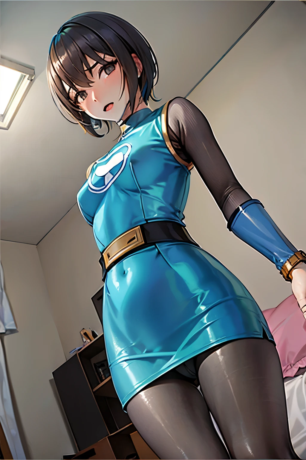 Anime girl in blue latex dress standing in a room - SeaArt AI