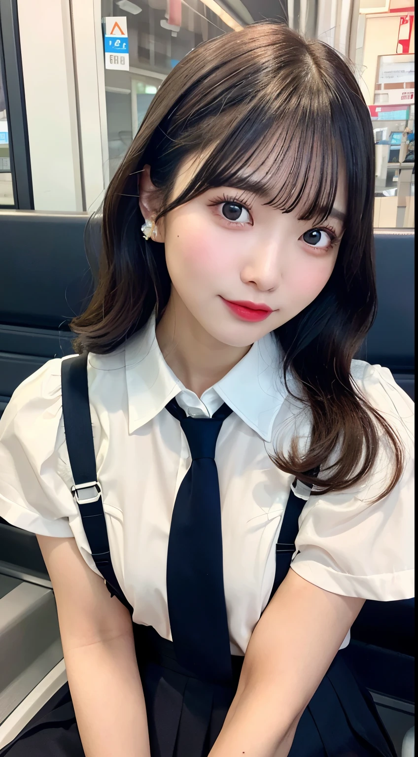 8K RAW Photos、High resolution、breast enhancement、Abdominal muscles、Ribbed、Black-haired、Beautiful at 22 years old Japan、Round face、very small lips、Round big、valley、Beautifully drawn eyes in every detail、Long eyelashes、Beautiful double eyelids、Three white eyes、Duck mouth、Blunt bangs、Bowl Cut、Earrings、necklace、Random facial expressions、White dress shirt, Upper Body,, (Navy Pleated Skirt:1.1), Thighs Thighs Thighs Thighs, Short sleeve, in the train, sit on bench seat,  (Dark red tie:1.1)