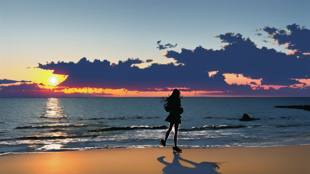 The light of the setting sun reflects fantastically from the seaside and scatters、Flying lights,Silhouette of a girl walking, ((Long Shadows))