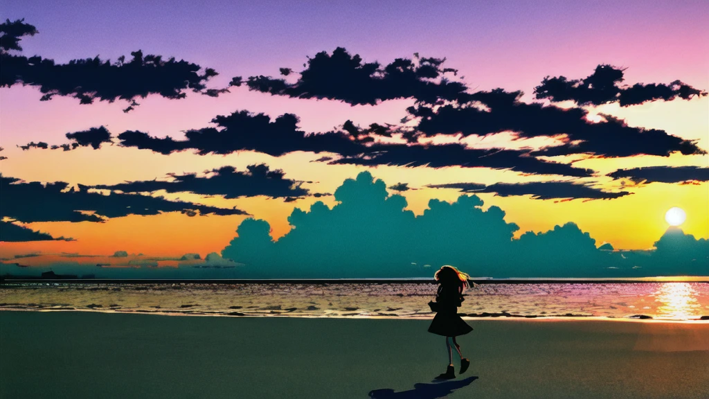 The light of the setting sun reflects fantastically from the seaside and scatters、Flying lights,Silhouette of a girl walking, ((Long Shadows))