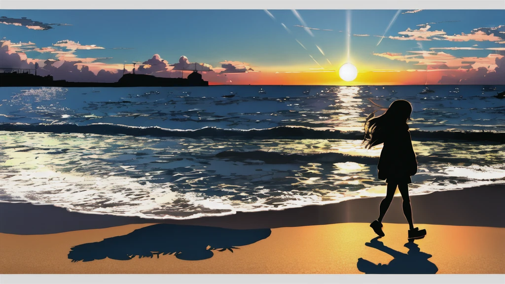 The light of the setting sun reflects fantastically from the seaside and scatters、Flying lights,Silhouette of a girl walking, ((Long Shadows))