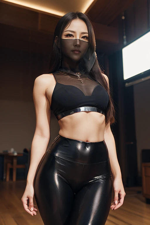 (Age 45, Mature) (Beautiful Korean woman, long, long_hair), masterpiece, wearing face veil and black shiny leggings and a midriff, (thigh thigh gap 1.1), hourglass_figure, detailed facial features, detailed, symmetry, cinematic lighting, soft lighting