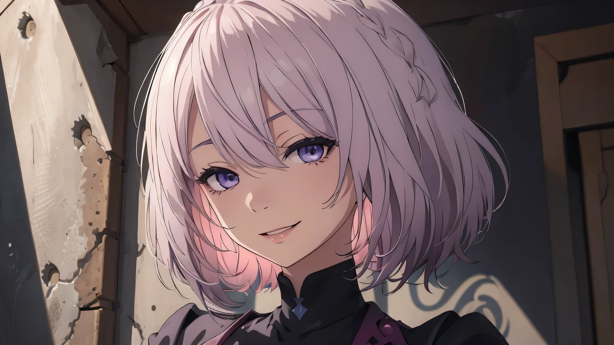 extremely detailed CG unity 8k wallpaper), (masterpiece), (best quality), (ultra-detailed), (best illustration), (best shadow), (absurdres) ,(detailed eyes), 2b, 1girl, mix purple and pink hair, solo, Intimidating women, admiral uniform, night, hero pose, white clothes, General Uniform, Military Uniform, Sunlight, exposed to sunlight, apartment background, laughing, happy face
