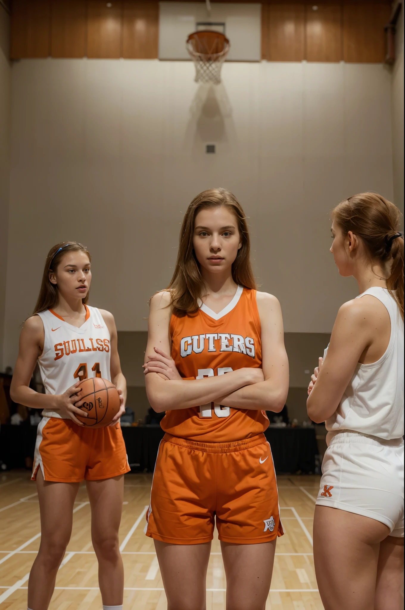 five girls of tall and slender ginger girls in orange basketball uniforms posing on the court, with best quality, ultra-detailed, and realistic rendering, vibrant colors, professional studio lighting, and a portrait photography style. 14 y.o.,ginger headed girls,slender,basketball players,in orange uniforms,on a court,pose in two rows,(best quality,4k,8k,highres,masterpiece:1.2),ultra-detailed,realistic:1.37,basketballs,swooshing net,dedicated coach on the sideline,encouraging and instructing players,