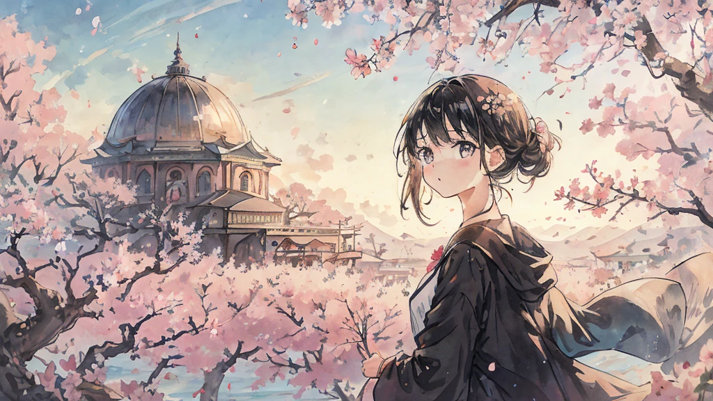 highest quality, masterpiece, very detailed, detailed background, anime, girl1, Young girl, girl, SF, cherry blossoms, outdoor, morning, greenhouse, giant structure, Wind view, scenery, horizon, look up at the sky, Wind, avert your eyes, atmosphere lighting, focus only, close, From the side, Depth of written boundary,black hair,detailed face