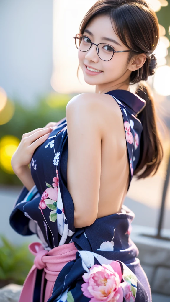 (masterpiece, highest quality:1.4), Beautiful Face, 8k, 85mm, Absurd, (Floral Yukata:1.1), Face close-up, violet, Gardenia, Delicate girl, alone, night, View your audience, Upper Body, Film Grain, chromatic aberration, Sharp focus, Face Light, Professional Lighting, Sophisticated, (smile:0.4), (Simple Background, Bokeh Background:1.2), detailed aspects,(Show one breast:1.2)((Very young and immature & Very few & Very flat chest:1.2),(Pink fashion glasses,1),(Showing anus from behind:1),(time々々Anal licking:1),(((Take off your yukata and show me your anus:0.7)),((She takes off her yukata and shows her side boobs))