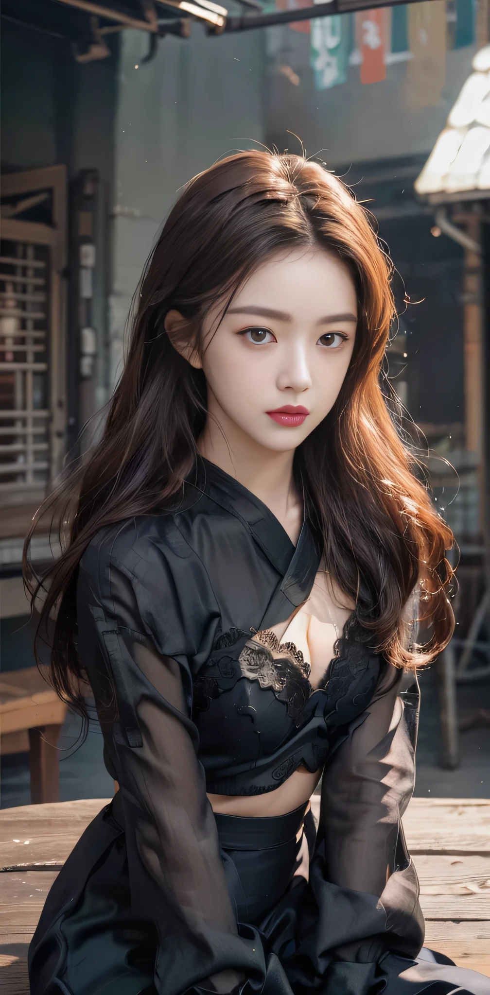 RAW photo, bokeh, (Lifelike face), smiled slightly, Top image quality, High resolution, best quality, 8k, HDR, (photorealistic:1.55), (1girl:1.4), brown and curly and messy hair, very detailed face, beautiful eyes, [chubby], adorable, full body portrait, Close-up, sharp outline, romantic, Korean stylish, fashion, stylish costume, uniform, tight lace t-shirt, high waist skirt, Thigh high stockings, (spread legs:1.27), delicate face, brown hair fluttering in the wind, 22-year-old girl, slim figure, small bust, sexy, plump breasts, open chest, bra, charisma, glamorous, standing tall.