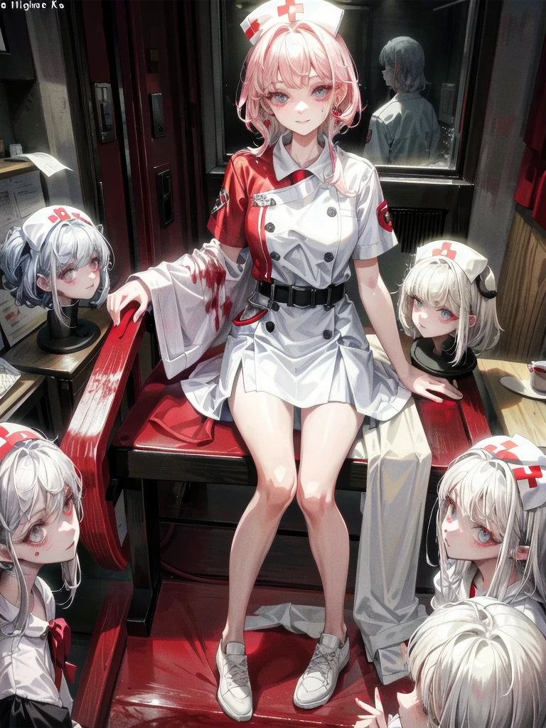 blood, blood splatter, blood on clothes, blood stain, hospital, ((nurse uniform)), holding Chainsaw machine, absurdres, RAW photo, extremely delicate and beautiful, masterpiece, Best Quality, ultra high resolution, 32k, hyperrealistic, ultra-detailed, detailed description, pale skin, 20 years old, tearful mole, earring, Colossal tits, short medium hair, wavy hair, evil grin, full body shot,