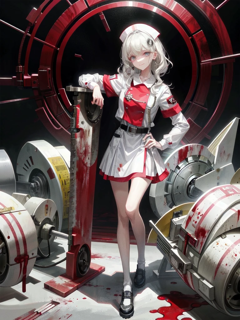 blood, blood splatter, blood on clothes, blood stain, hospital, ((nurse uniform)), holding Chainsaw machine, absurdres, RAW photo, extremely delicate and beautiful, masterpiece, Best Quality, ultra high resolution, 32k, hyperrealistic, ultra-detailed, detailed description, pale skin, 20 years old, tearful mole, earring, Colossal tits, short medium hair, wavy hair, evil grin, full body shot,