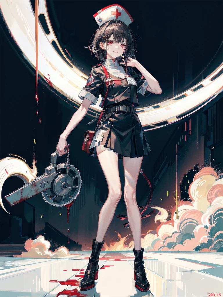 blood, blood splatter, blood on clothes, blood stain, hospital, ((nurse uniform)), holding Chainsaw machine, absurdres, RAW photo, extremely delicate and beautiful, masterpiece, Best Quality, ultra high resolution, 32k, hyperrealistic, ultra-detailed, detailed description, pale skin, 20 years old, tearful mole, earring, Colossal tits, short medium hair, wavy hair, evil grin, full body shot,