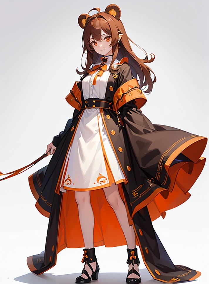 ultra-detailed、((standing))、((((full body))))、((shoes))、(((Simple white background)))、((master piece))、((best quality))、((high resolution))、One Woman、Brown Hair、Hair between the eyes、Ahoge、(Red-orange eyes)、Woman with bear ears、smile、cute、Piercings in both ears、Are standing
