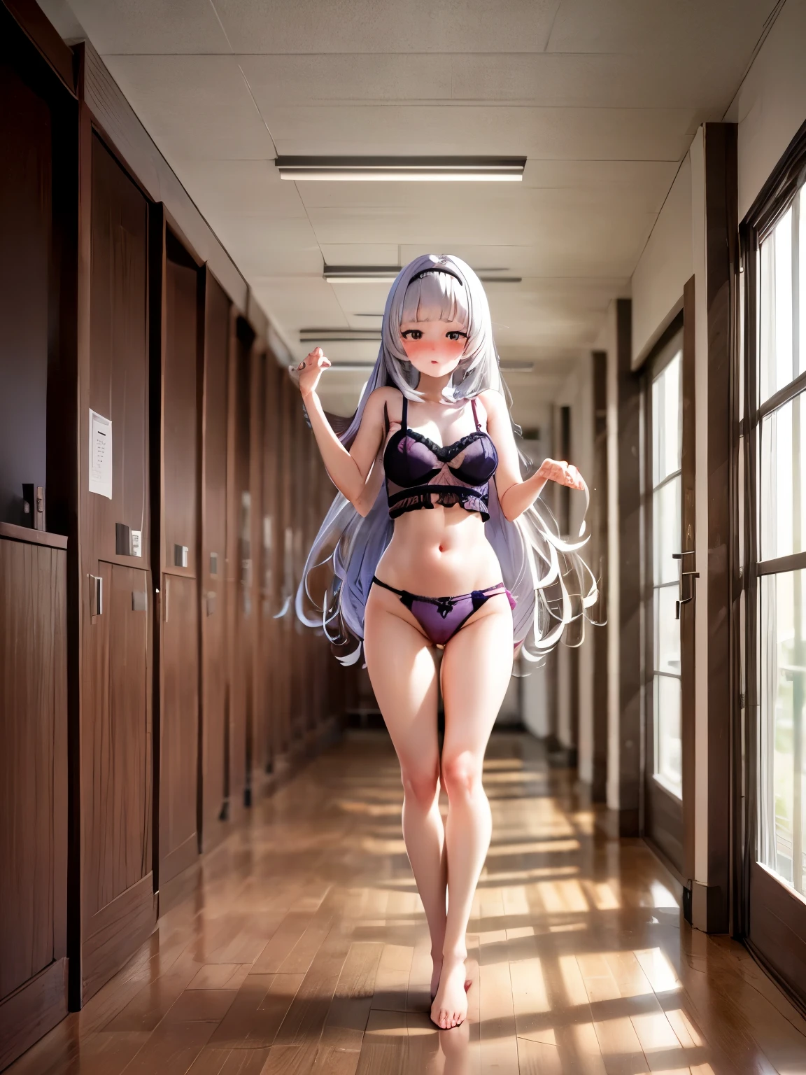 NSFW,Hololive,Shion Murasaki,Long Hair,(High-quality lingerie:1.5),(High leg:1.5),(Perfect hands),(Perfect Anatomy),(masterpiece),(highest quality),School,corridor,Embarrassed,blush,Crouching,Leg spread,Stretch your arms