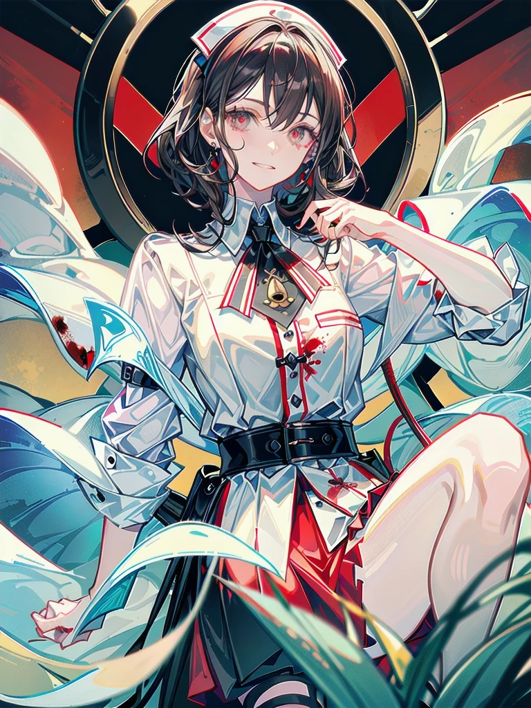 blood, blood splatter, blood on clothes, blood stain, hospital, ((nurse uniform)), holding Chainsaw machine, absurdres, RAW photo, extremely delicate and beautiful, masterpiece, Best Quality, ultra high resolution, 32k, hyperrealistic, ultra-detailed, detailed description, pale skin, 20 years old, tearful mole, earring, Colossal tits, short medium hair, wavy hair, evil grin, full body shot,