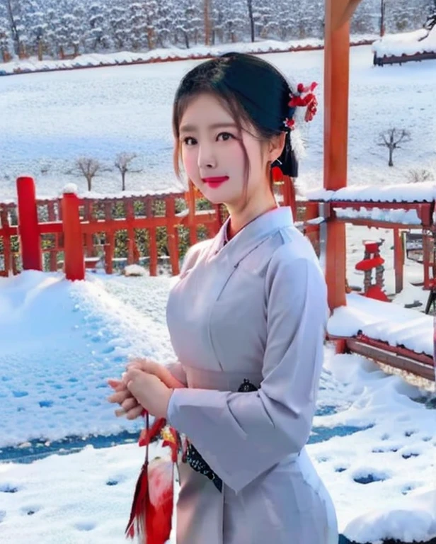 Japanese dress,flying fabric,wind blow,beautiful face,8k,snow fall,temple