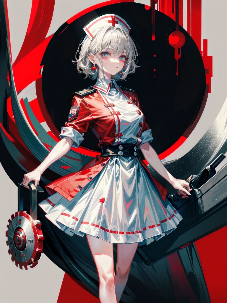 blood, blood splatter, blood on clothes, blood stain, hospital, ((nurse uniform)), holding Chainsaw machine, absurdres, RAW photo, extremely delicate and beautiful, masterpiece, Best Quality, ultra high resolution, 32k, hyperrealistic, ultra-detailed, detailed description, pale skin, 20 years old, tearful mole, earring, Colossal tits, short medium hair, wavy hair, evil grin, full body shot,