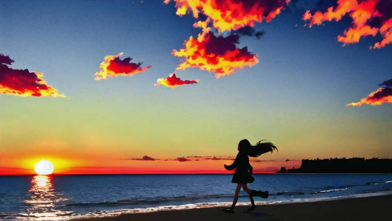 The light of the setting sun reflects fantastically from the seaside and scatters、Flying lights,Silhouette of a girl walking, ((Long Shadows))