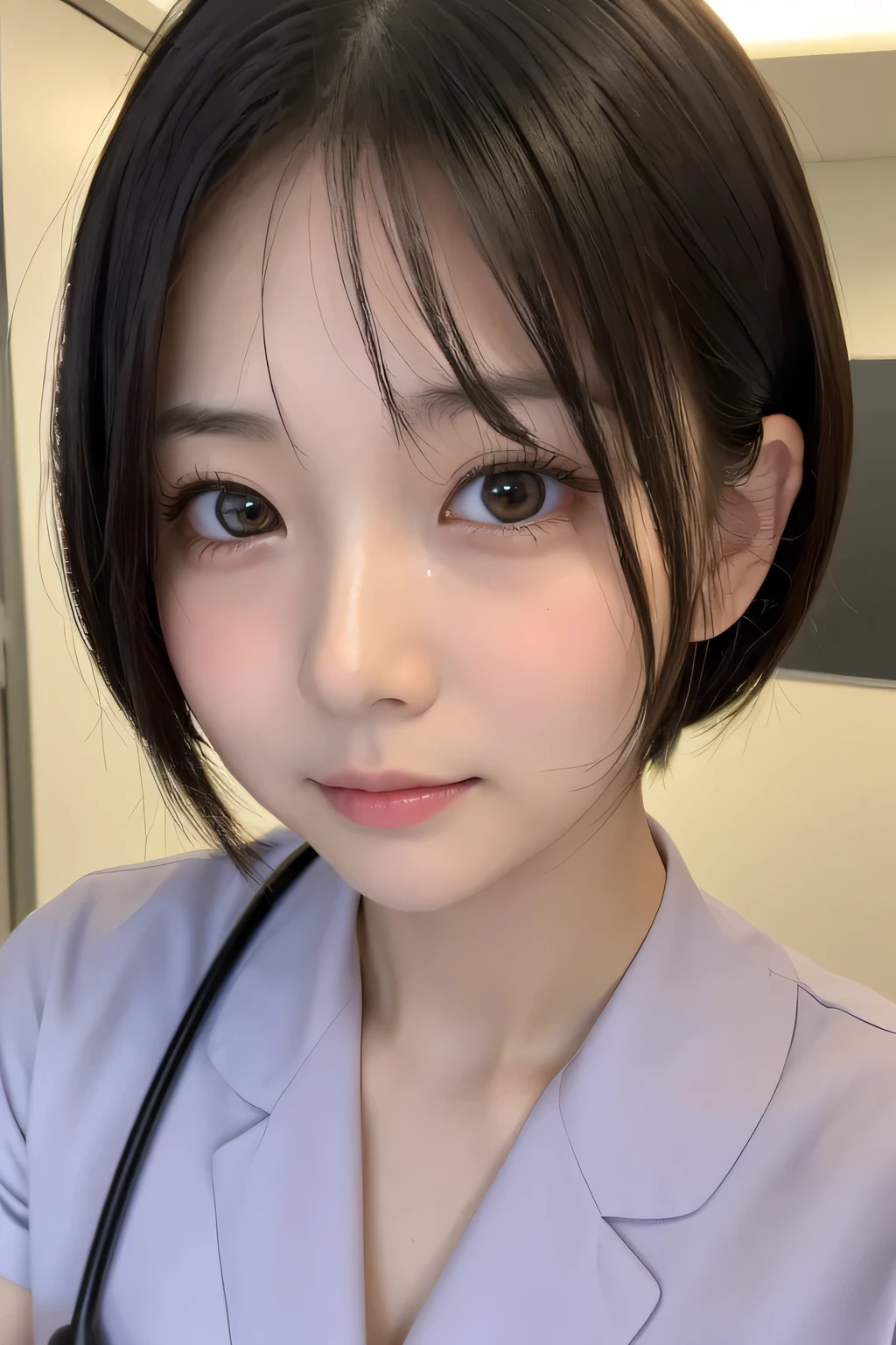 (1 Girl)、(Beautiful Japanese、18years old,round face、Refreshing、clear、seems kind、stylish、Pitiful、cute like an angel、cute、black eyes、,actress,Almond-shaped eyes), Good style , (Beautiful big breasts:1.2),(soft breasts),(very cute),(Black hair),(short bob hair),(enchanting eyes),(highlight on eyes:1.2)、(8K、Live shooting、highest quality、masterpiece:1.2、optimal lighting)、((masterpiece)),(Photo taken by a professional photographer),(real、photo real:1.4),break,{ (White nurse costume),(((taraditional nurse uniform))),,{(White nurse tight pants)},(cleavage:1.2)},( Shy face:1.4),(tears:1.4))(cheeks are red:1.2), break, break,Hospital,Face shot:1.3、Hospital room、Looking at viewer:1.6, face close-up,Looking up