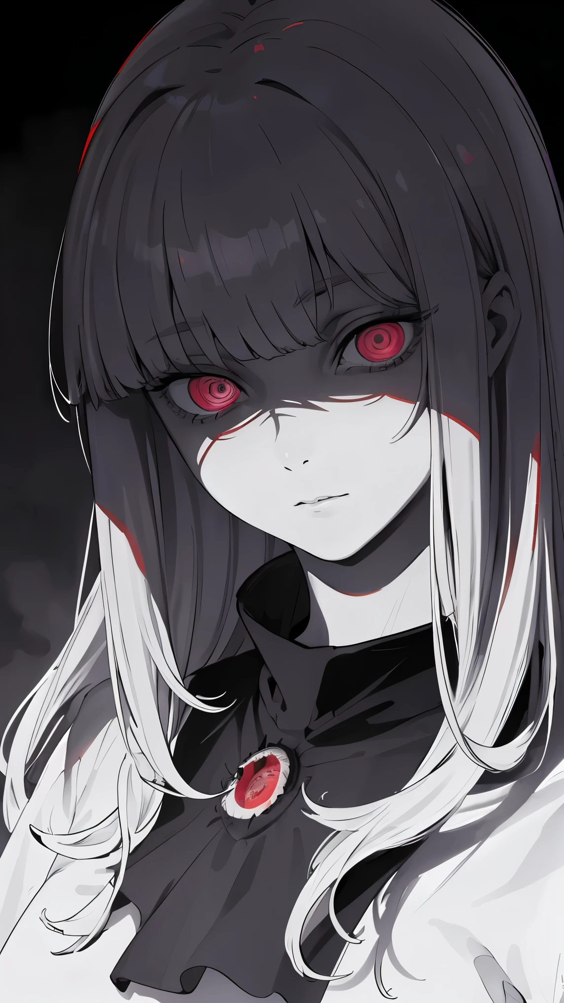 (obra maestra, La mejor calidad), fondo, (horror), miedo, horror, sangre, Llorosos, Mujer, blanco y negro, ((ojos rojos)) high resolution ultra detailed realistic shadow glowing eyes circular pupils defocused background,