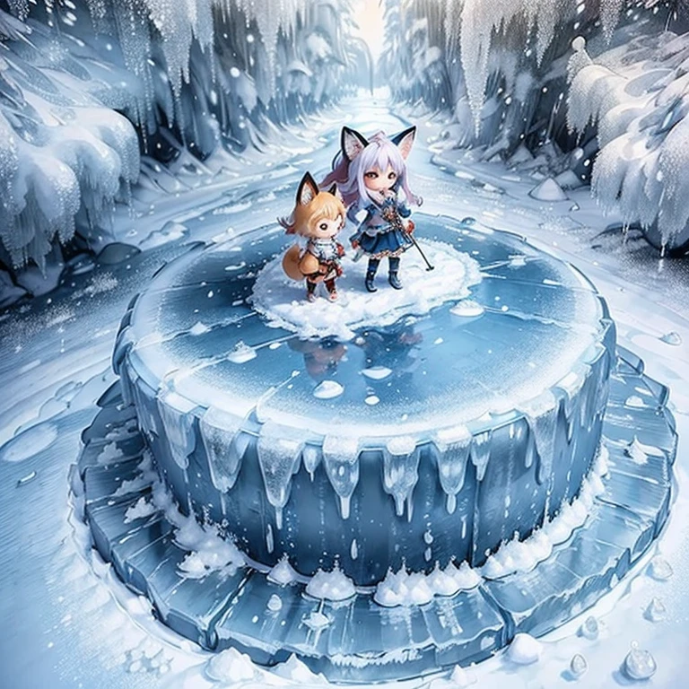 masterpiece、highest quality、Ultra-detailed、3girls,(Chibi character fox ears child:1.2)、Three people on a large round Go board covered in snow、One is frozen、One is throwing ice、One person has a pickaxe。