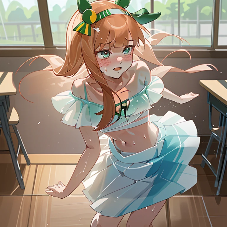 masterpiece, 8K Wallpaper, highest quality, 1 Girl, Silence Suzuka, blush,Wear a skirt,Lift up the skirt,Embarrassed,Sweating profusely,Breathless,Horse Girl,No bra,No underwear,Flat chest,Flip up your skirt,excited,Beautiful Eyes,Transparent underwear,Clothes being taken off,classroom,shoulder,side,Transparent clothes,Off the shoulder,Navel,Thighs,Lean back,Erect nipples