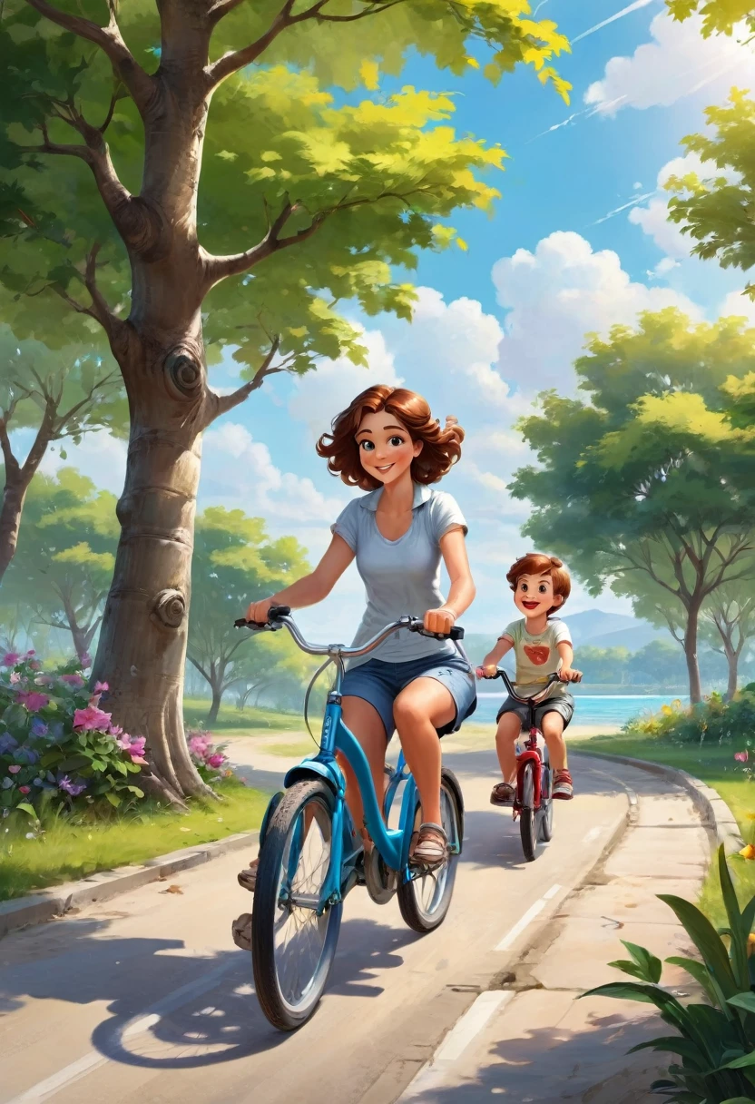 On a summer afternoon, the mother taught her child how to ride a bicycle. The child fell down time and time again, the mother encouraged her until the child was finally able to ride independently, (masterpiece, best quality, Professional, perfect composition, very aesthetic, absurdres, ultra-detailed, intricate details:1.3)