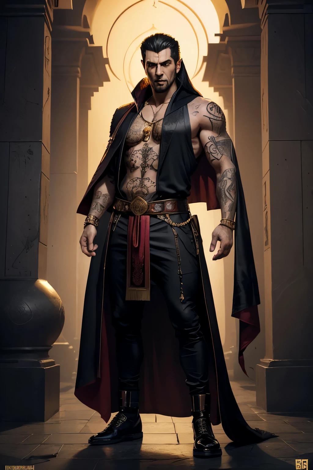 (((full body))), (((fully dressed))), (((shirt))), (((shoes))), (((full body shot))), (((masterpiece))). The terrifying (((male))) vampire assassin assamite IZHIM UR-BAAL, SERAPH OF THE BLACKHAND of the sabbat, (((arabic features))). He is a small man whose stocky buildspeaks not so much of bulk as solidity, has nearly every square inch of his body covered with (((tattoos))) (antiquated Arabicscript). ((red vampire lips)). He wears (((ceremonial robes))) covering fully his chest, and loose, flowing clothes, (very detailed to show his millenary old lineage). He is very mysterious and deadly. His countenance is black. Flashing dark eyes. The overall atmosphere is a mysterious rainy and nighty New-York city. (Brian Bolland);(Greg Rutkowski | Dorian Klivenger), hyperphotorealistic typographic, Full HD 8K, high quality digital graphics, ultra realistic, very high detail of everything, sharp focus, better hand, (((golden ratio))).