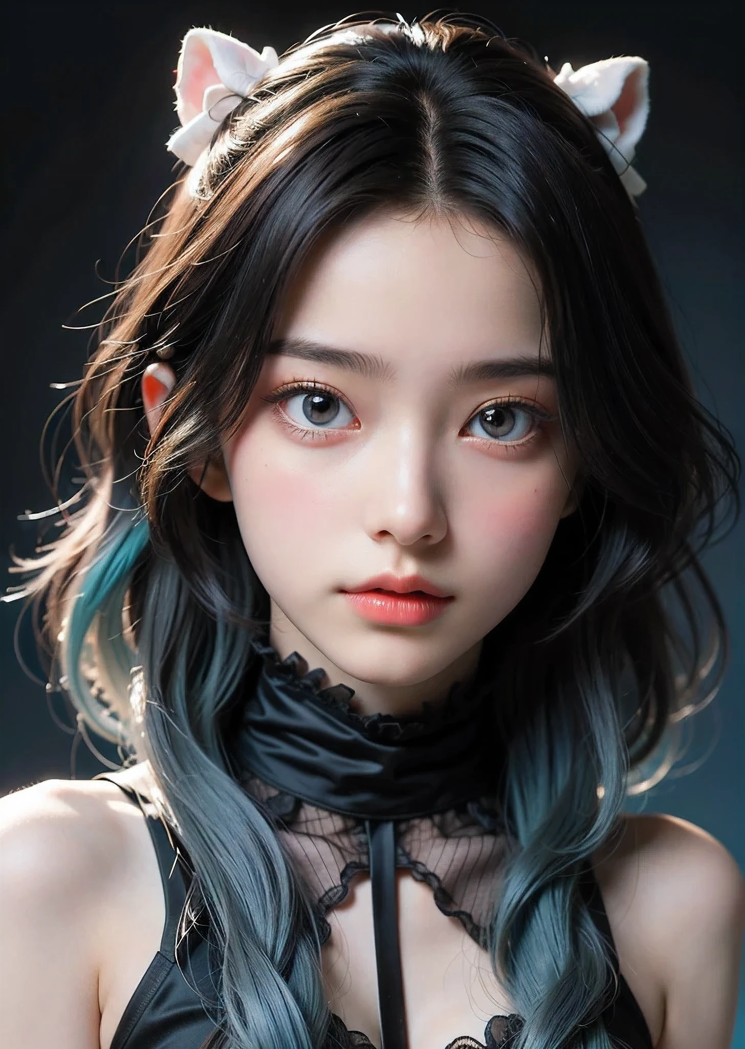 Psychedelic world、Gothic Fashion、1 cute girl、Big eyes、Small breasts、Smooth Skin、Light eye makeup、Shiny, Ultra-realistic face、Light blue hair、Colorful gel background、Fractal Background、Perfect lighting、Sharp focus、High resolution、High resolution、High color reproducibility、High resolution、Ultra-realistic、Photorealistic