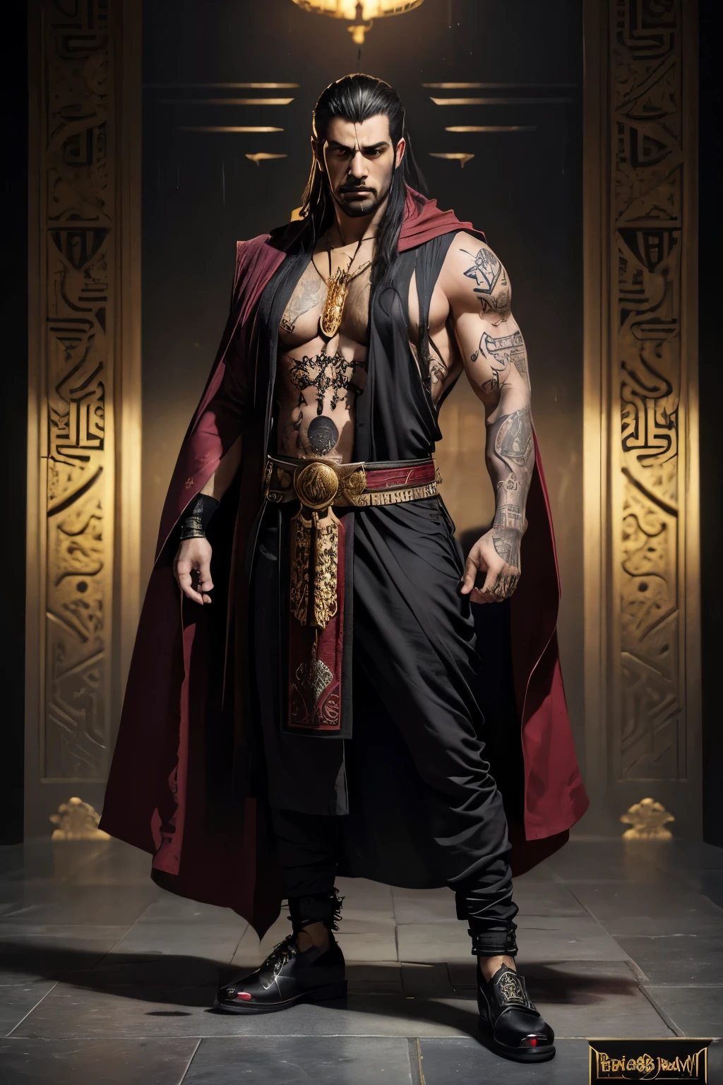 (((full body))), (((fully dressed))), (((shirt))), (((shoes))), (((full body shot))), (((masterpiece))). The terrifying (((male))) vampire assassin assamite IZHIM UR-BAAL, SERAPH OF THE BLACKHAND of the sabbat, (((arabic features))). He is a small man whose stocky buildspeaks not so much of bulk as solidity, has nearly every square inch of his body covered with (((tattoos))) (antiquated Arabicscript). ((red vampire lips)). He wears (((ceremonial robes))) covering fully his chest, and loose, flowing clothes, (very detailed to show his millenary old lineage). He is very mysterious and deadly. His countenance is black. Flashing dark eyes. The overall atmosphere is a mysterious rainy and nighty New-York city. (Brian Bolland);(Greg Rutkowski | Dorian Klivenger), hyperphotorealistic typographic, Full HD 8K, high quality digital graphics, ultra realistic, very high detail of everything, sharp focus, better hand, (((golden ratio))).