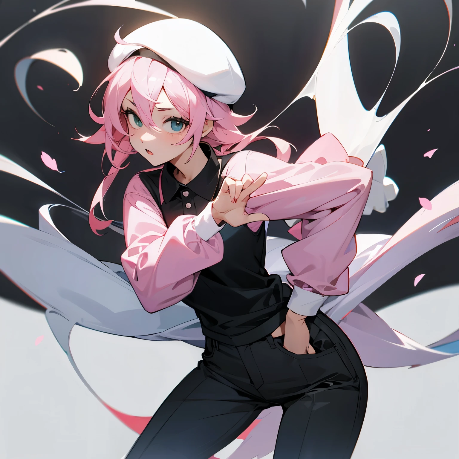 Chica anime pelo blanco y largo gorro negro sin cabeza  polo rosa y negro que diga syt pantalon blanco con rallas rosas 
